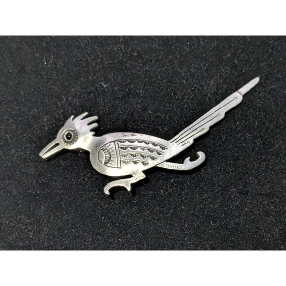 Vintage JJ Native American Roadrunner Brooch Pin Sterling Silver Gemstone Eye - Picture 13 of 13
